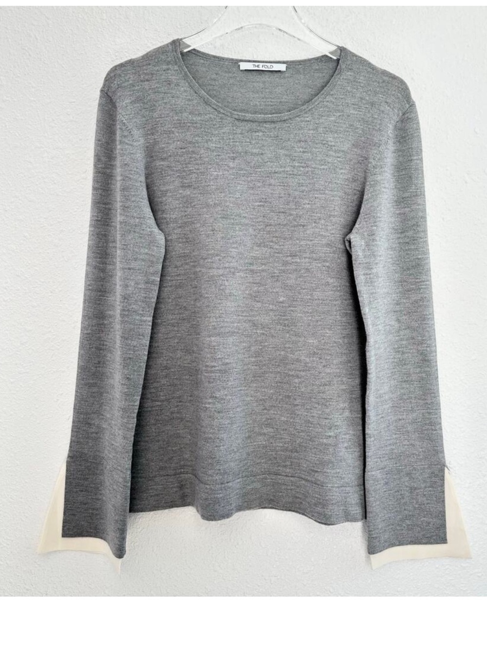 The Fold London Sweater Women Large Gray Merino Wool Blend Silk Cuffs Minimalist
